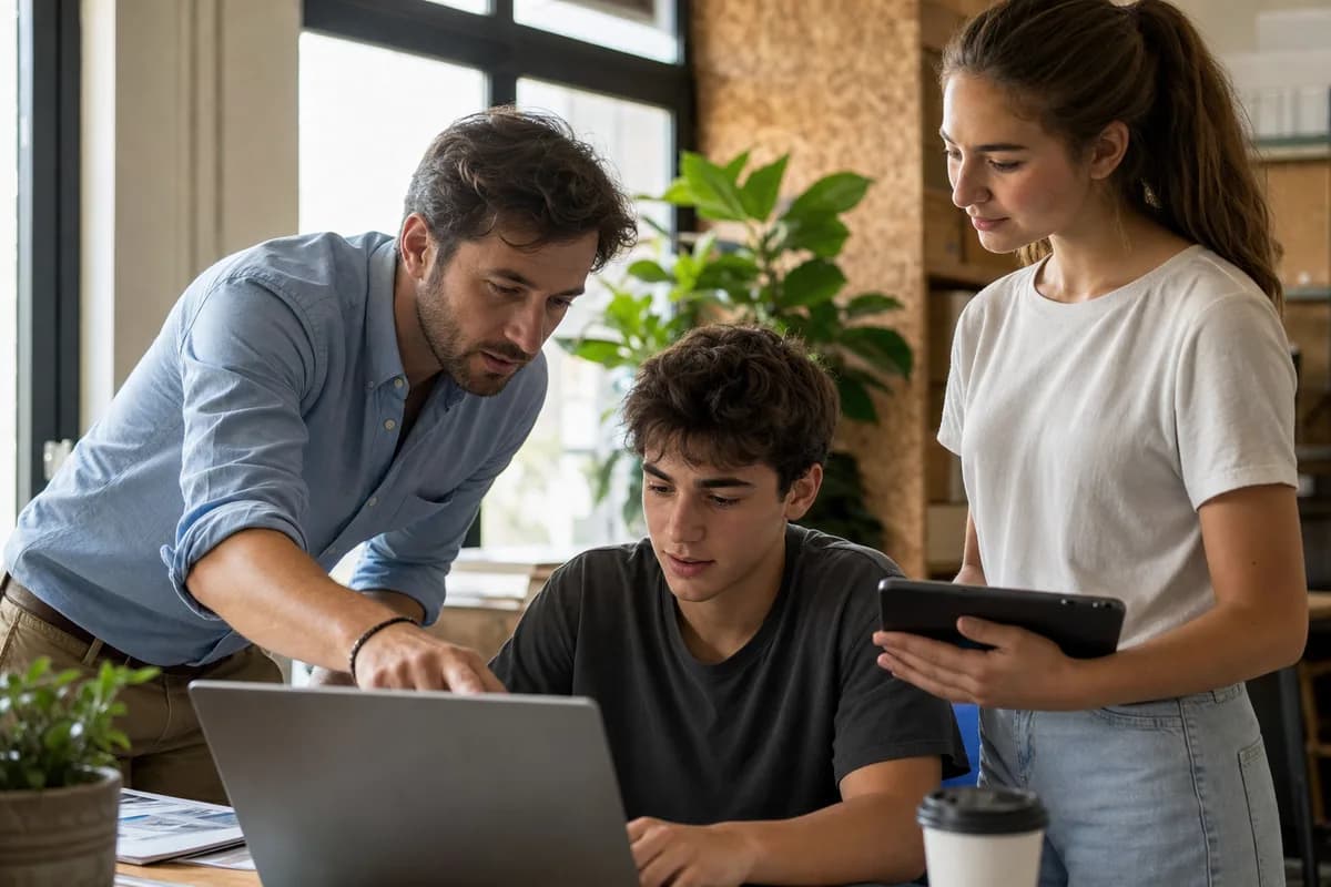 A workplace mentor reviewing work with two student interns