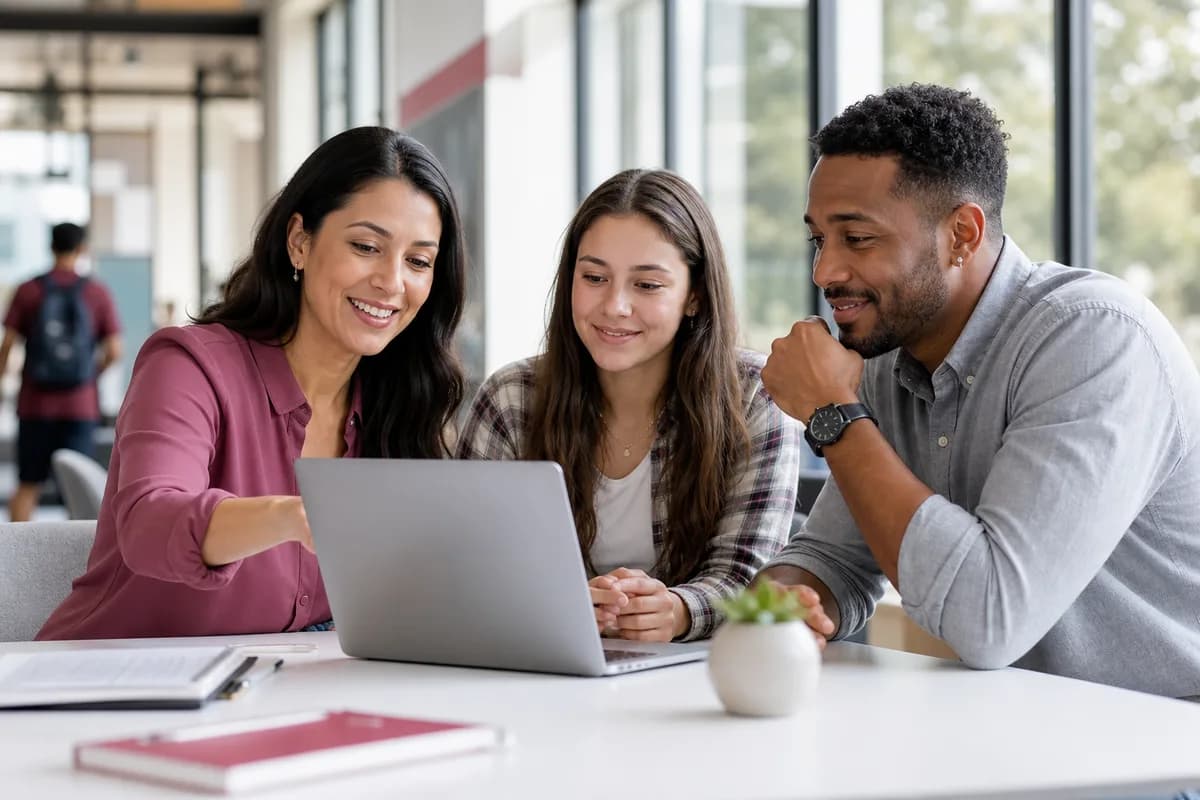 A coordinator and two students reviewing work together at a laptop in a school office