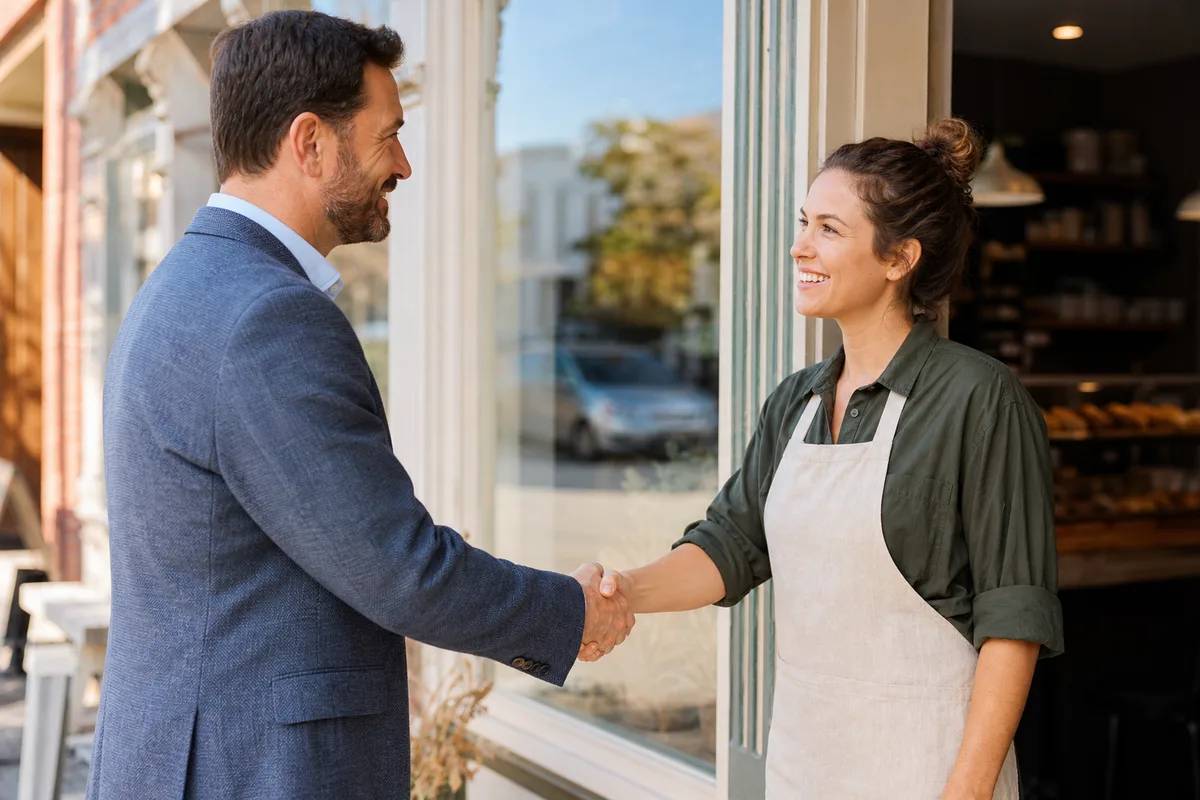 A school coordinator meeting a local small business owner to discuss hosting students