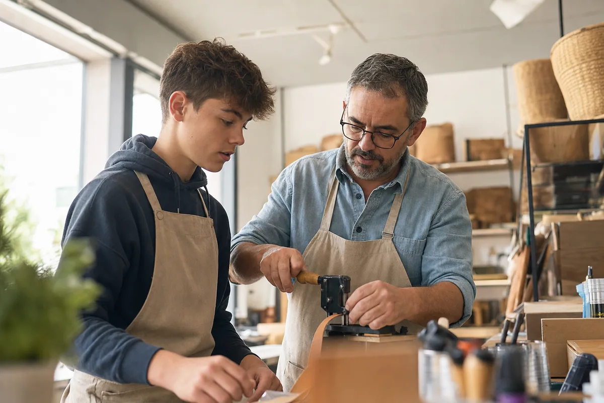 A business owner showing a student intern how to use workshop equipment